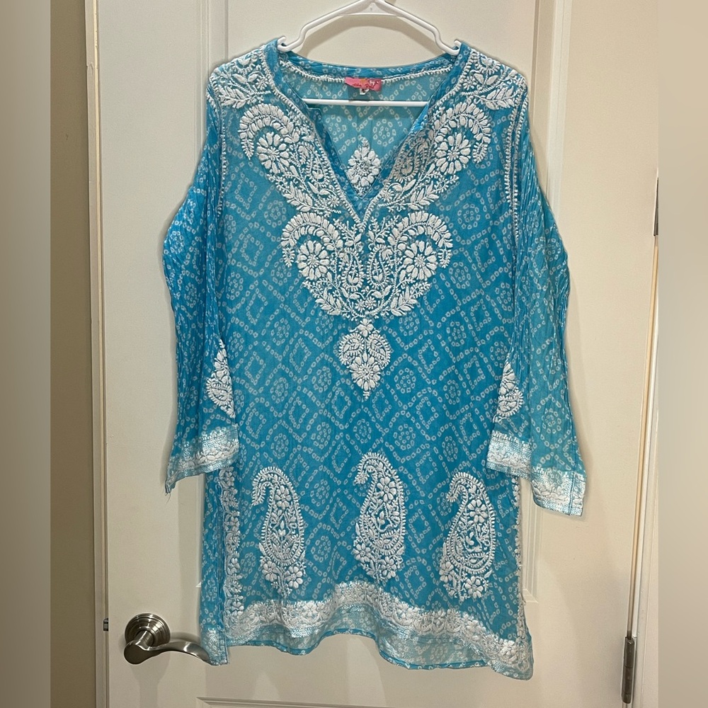 Alka Vora Turquoise & White Tunic Swim Coverup Embroidered Vintage Size 10